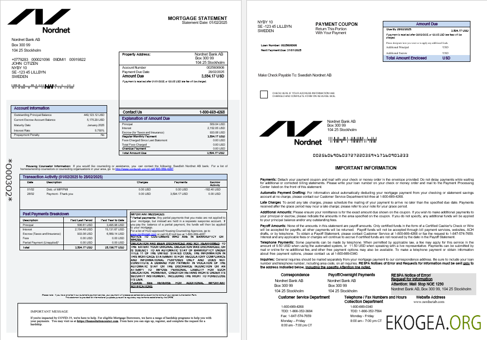 Relevé hypothécaire de la banque suédoise Nordnet AB aux formats Word et PDF 1 , 2